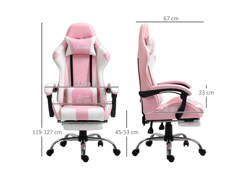  Chaise gaming ergonomique rose et blanche, réglable en hauteur, pivotante à 360°, avec appui-tête et coussin lombaire  - Conforama C