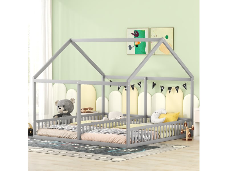  Modenvie lit cabane enfant 2 en 1 90x200 cm - double couchage avec barrières - pour chambre d'enfant - gris  - Conforama E