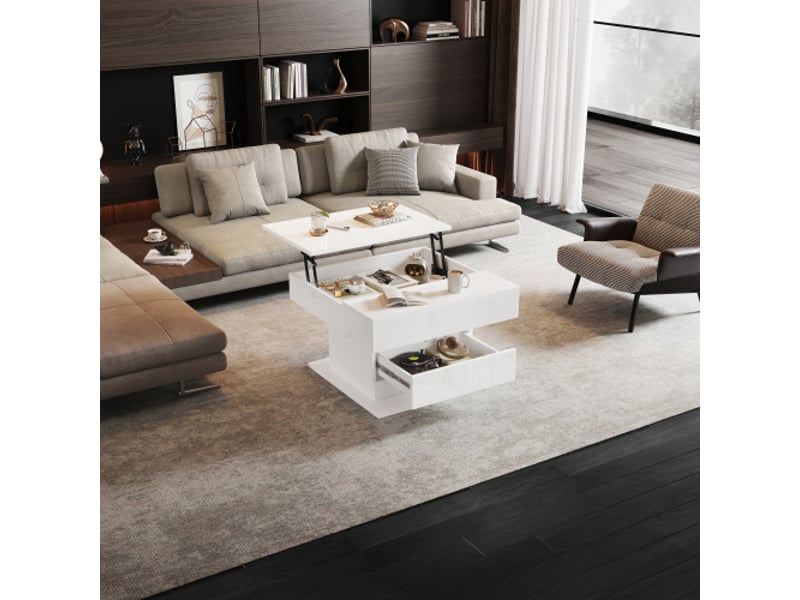  Table basse géométrique 70x70 cm – plateau pivotant 360° et relevable – tiroir + rangement caché – blanc brillant  - Conforama B
