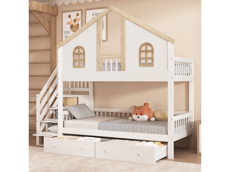 Lit superposé enfant 90x200 cm, lit cabane avec escalier de rangement, 2 tiroirs, fenêtre et barrière de sécurité, en bois de pin et mdf, blanc - Conforama B