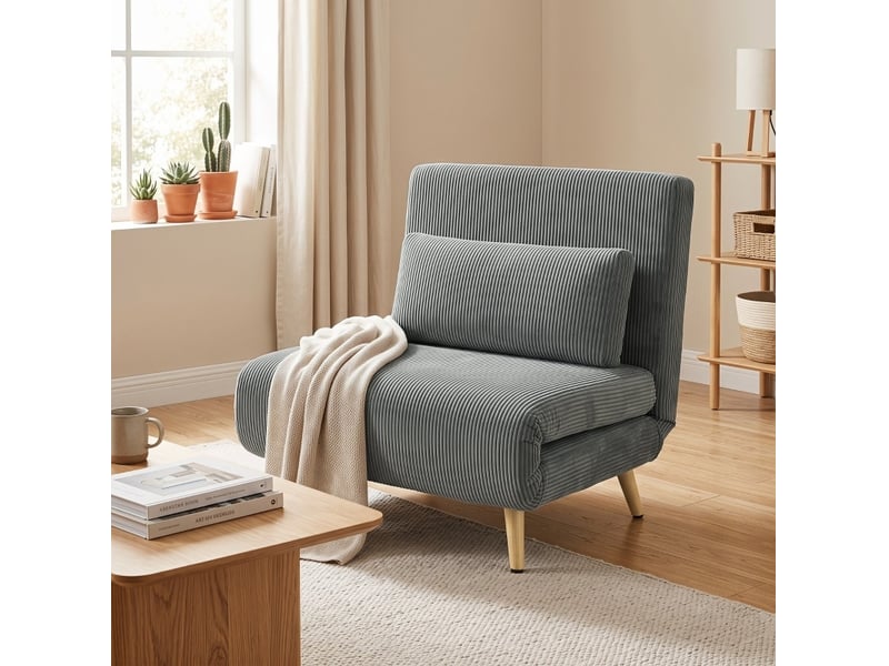 Fauteuil-lit convertible 3-en-1 en velours côtelé gris foncé, dossier réglable 6 positions, couchage 90 x 190 cm - Conforama B