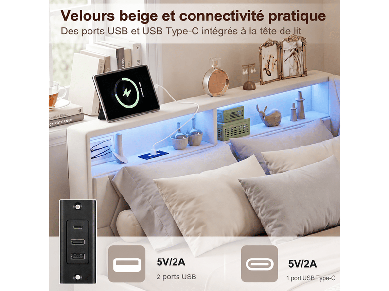 Canapé-lit 90x200 cm avec lampe led et port usb, lit rembourré avec 2 tiroirs, lit simple avec sommier à lattes, lit banquette, lit avec rangement, gris velours, matelas non inclus - Conforama C