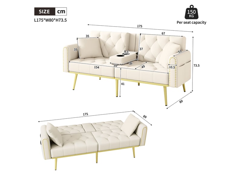 Canapé-lit modenvie 2 places inclinable 175 x 80 x 73,5 cm velours beige avec porte-gobelets - Conforama C