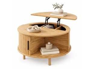 Table basse ronde réglable en hauteur 80 x 80 x 59 cm, rangement avec porte coulissante, effet chêne