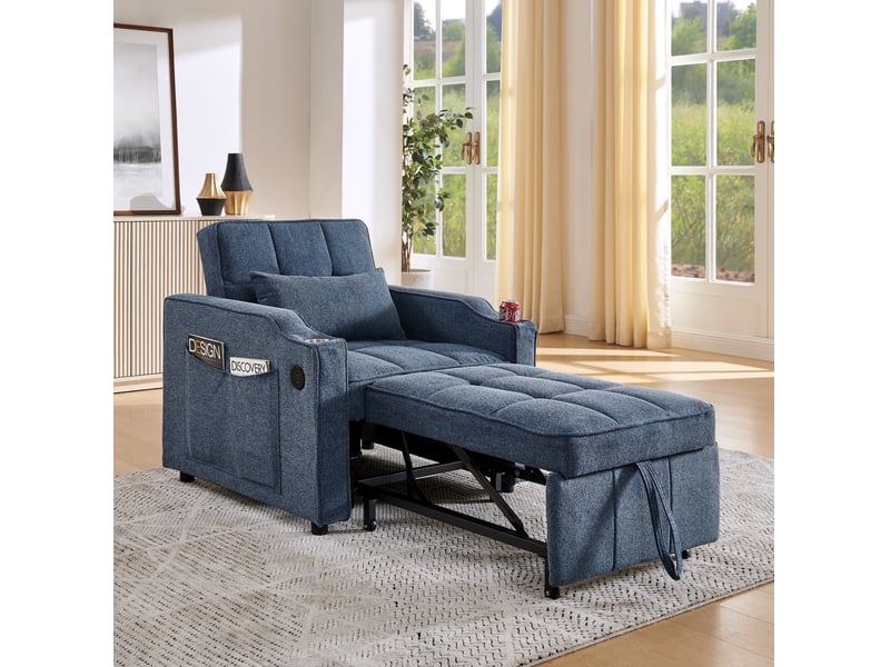  Fauteuil convertible tcqpz 3 en 1 1 place avec usb et type-c couchage 190 cm dossier réglable 3 positions poches latérales tissu bleu marine  - Conforama B