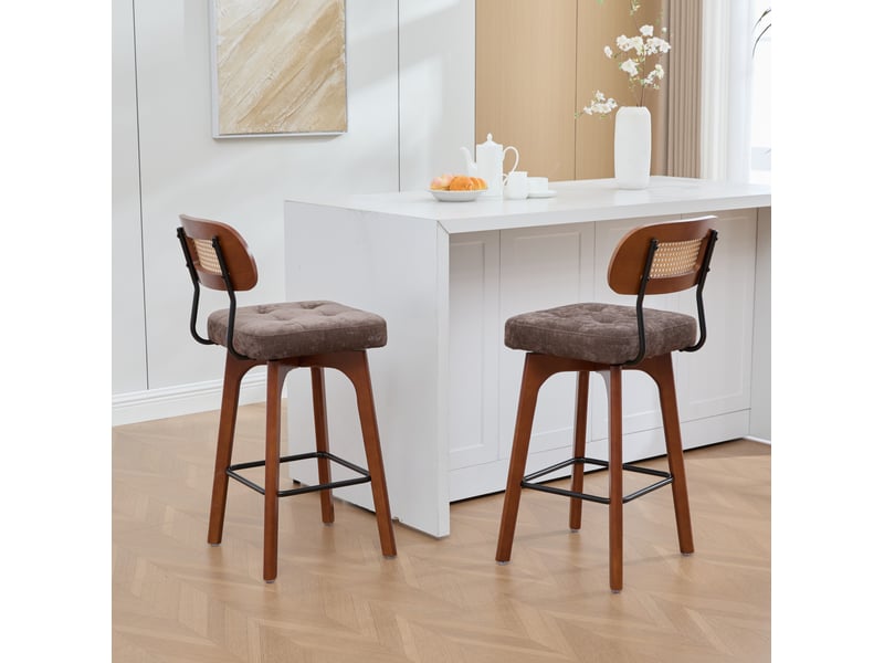  Tabourets de bar lot de 2 pivotants à 360° avec dossier en rotin, assise rembourrée en chenille marron  - Conforama E