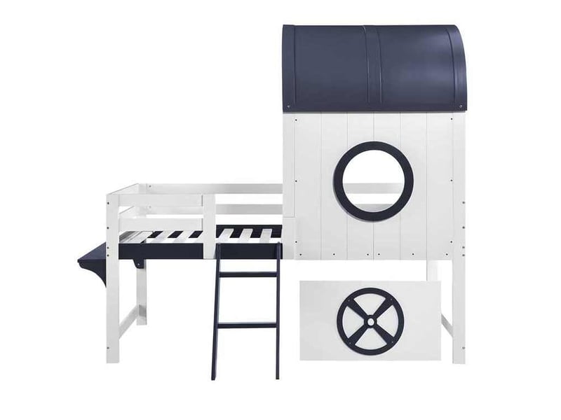  Lit mezzanine enfant 90x200 cm, lit maison avec toit, fenêtre et échelle inclinée, mdf, blanc et bleu, sans matelas  - Conforama D