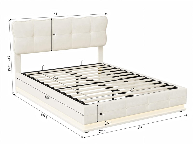  Lit coffre140x190 cm - led rgb intégrée - velours beige - sommier relevable - rangement sous lit  - Conforama C