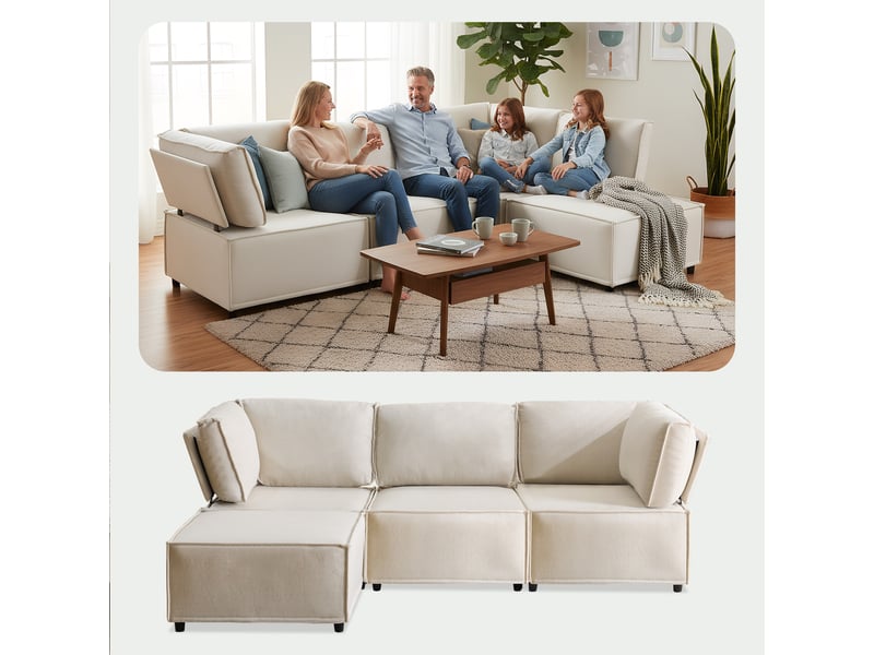  Canapé modulaire beige 4 places en lin - convertible et reconfigurable pour salon  - Conforama E