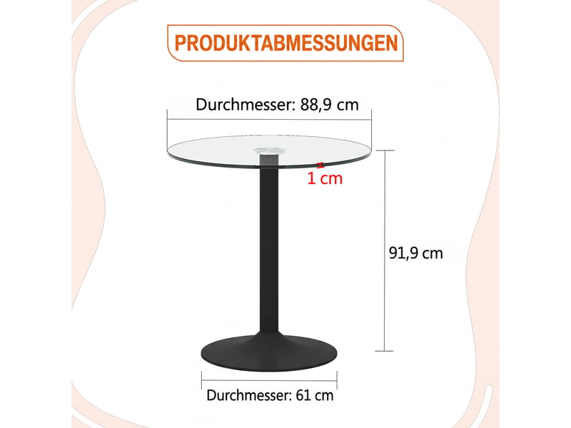  Table de bar ronde 89 cm avec plateau en verre trempé - lpospi - pied métallique stable verre métal noir transparent 89 cm × 92 cm  - Conforama D