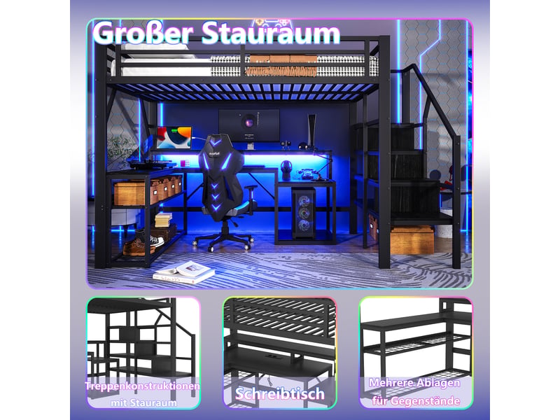  Lit mezzanine 140 x 200 cm sans matelas, structure métal, bureau, led, usb, escalier avec rangement, noir  - Conforama D