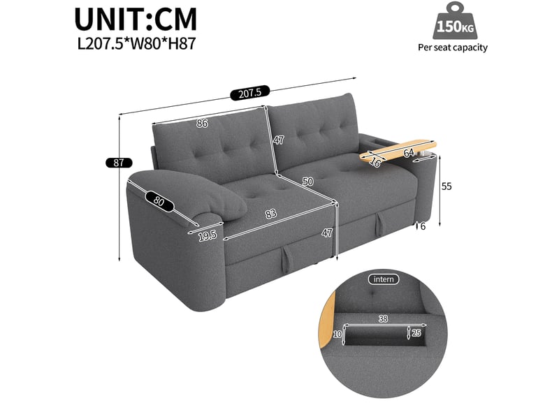 Canapé-lit 2 places modulable avec rangement, appui-tête et table d’appoint pivotante 270° gris - Conforama E