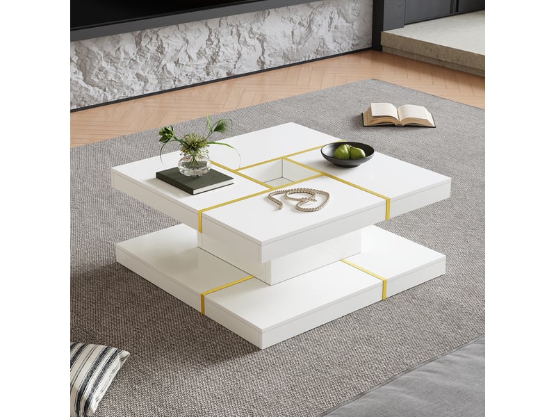 Table basse carrée à deux niveaux avec niche centrale et bordures métalliques dorées en panneau de particules blanc - Conforama E