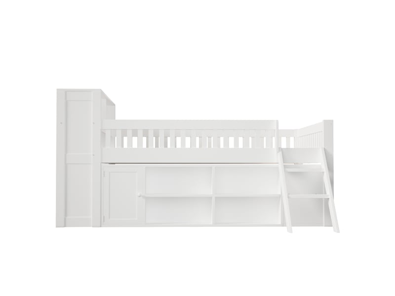  Lit mezzanine enfant 140x200 cm avec rangement et led, mdf et pin blanc, sans matelas  - Conforama E