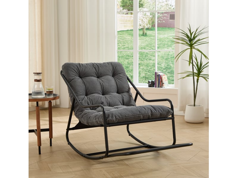  Fauteuil à bascule extérieur 75x116x82 cm – gris et noir – acier, coussin épais et balancement réglable  - Conforama B