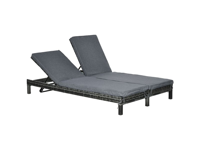  Bain de soleil 200x120x30, transat double, dossier 5 positions, coussin confortable, métal et pe rotin, résistant à l'eau  - Conforama A