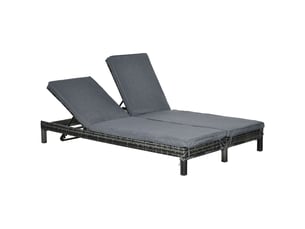 Bain de soleil 200x120x30, transat double, dossier 5 positions, coussin confortable, métal et pe rotin, résistant à l'eau