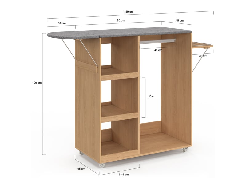  Table à repasser pliable à roulettes avec étagères réglables et barre de penderie façon hêtre  - Conforama E