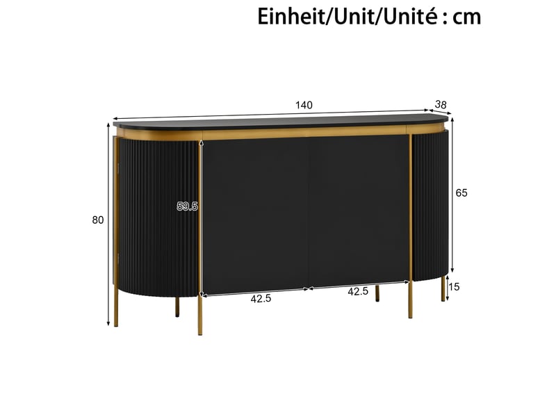 Buffet bas 140x38x80 cm ovale avec 4 portes sans poignées mdf couleur noir, design élégant - Conforama C