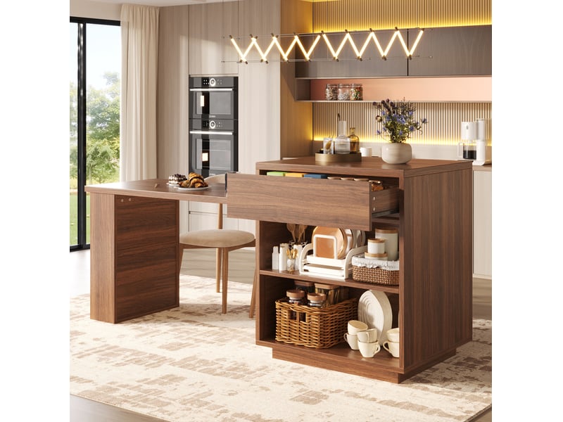 Îlot de cuisine extensible avec rangements et led, 122 à 194,5 cm, marron foncé  - Conforama D