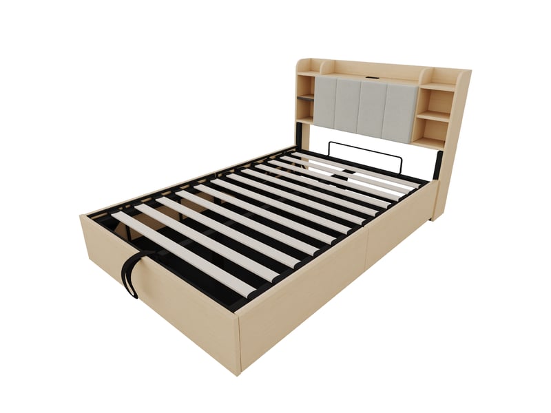  Lit en bois 140 x 200 cm avec relevage hydraulique, tête de lit avec rangement, usb et usb-c, sans matelas  - Conforama A