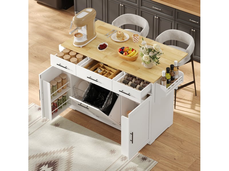  Desserte de cuisine à roulettes avec plan rabattable, 3 tiroirs, 2 portes et meuble poubelle, mdf blanc et bois naturel  - Conforama B
