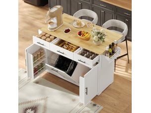 Desserte de cuisine à roulettes avec plan rabattable, 3 tiroirs, 2 portes et meuble poubelle, mdf blanc et bois naturel