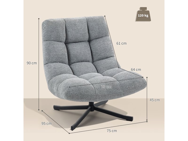  Fauteuil assise large revêtement aspect chenille déperlant pieds en acier croisés assise pivotante coloris gris  - Conforama B
