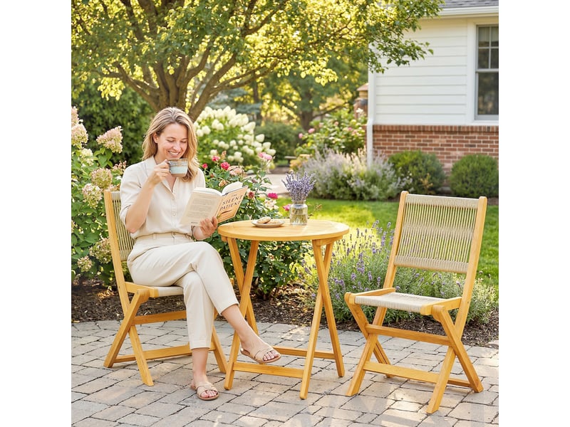  Ensemble de mobilier de balcon, 3 pièces, polyrotin et bois, ensemble de jardin pliable avec table et 2 chaises, respirant  - Conforama D