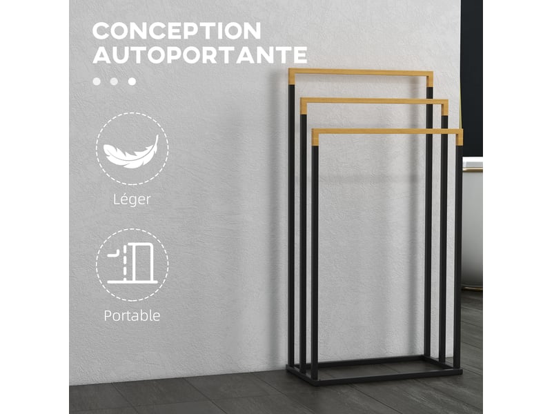 Porte-serviettes en bambou et acier sur pieds avec 3 support barres pour serviette 45 x 22,5 x 86 cm noir et naturel  - Conforama R