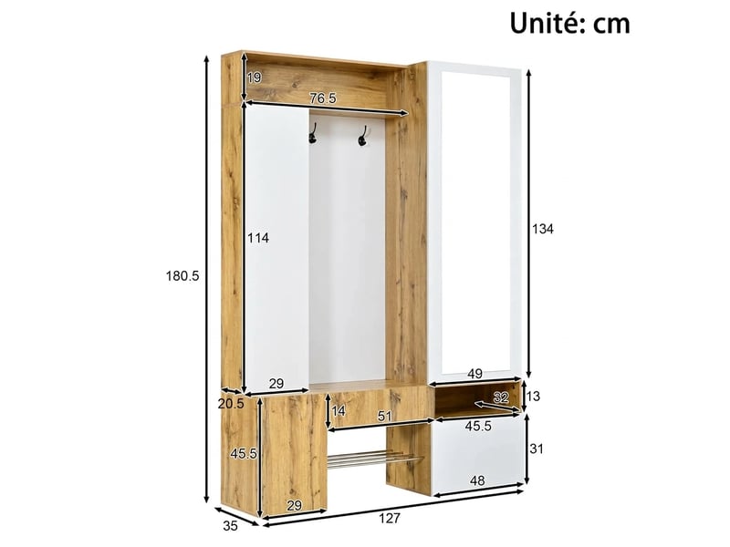  Vestiaire d'entrée avec miroir et penderie mdf blancnaturel 127x35x180.5cm  - Conforama D
