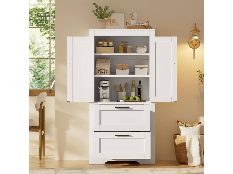  Buffet de cuisine 60x30x128 cm, 2 tiroirs, blanc, style campagne  - Conforama D