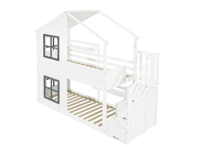 Lit superposé avec escalier rangement et toit, lit enfant 90x200 cm - Conforama D
