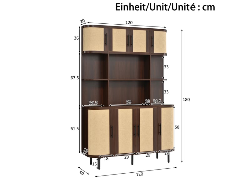  Buffet haut en mdf – 8 portes à effet cannage – noyer, 120 x 20 x 180 cm  - Conforama D