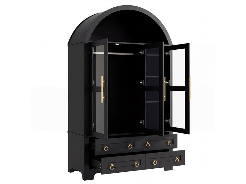 Vitrine haute 110x50x186 cm, 3 portes vitrées, penderie, 4 tiroirs, led par application, pour salon et salle à manger - noir - Conforama E