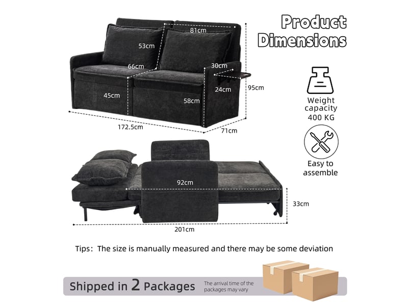  Canapé convertible 3-en-1 avec dossier réglable  - poches latérales, ports usb et usb-c, chenille - noir  - Conforama D
