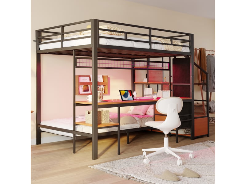  Lit mezzanine 140*200 et 90*200 cm, coloris noir, bureau intégré, led, prises et étagères.  - Conforama E