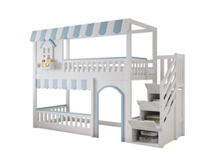 Lit mezzanine enfant 90x200 avec placard de rangement escalier, fenêtres worked et détails décoratifs, sommier stable