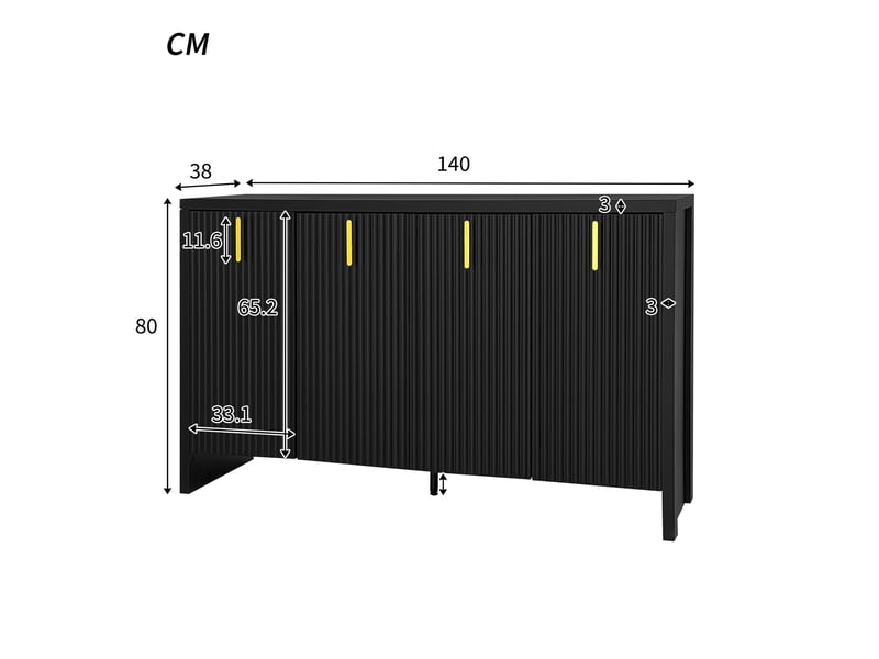  Buffet bas 140 x 38 x 80 cm avec poignées dorées, 4 portes et tablettes réglables, en panneau de particules, noir  - Conforama C