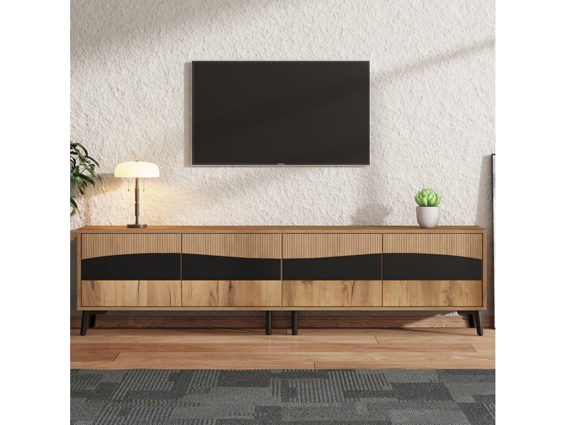  Meuble tv bas tcqpz 180 x 40 x 50 cm 4 portes panneaux de particules coloris naturel et noir compatible 75 pouces  - Conforama B