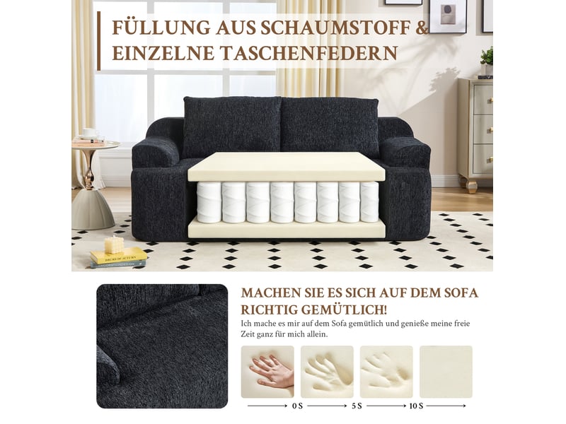  Canapé convertible modulaire 2 places avec coussins et assise souple en velours côtelé noir, 170 × 90 × 65 cm  - Conforama E