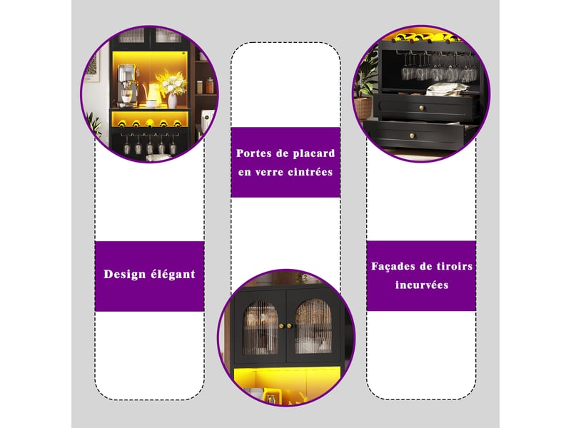  Lot de 2 buffets hauts 140 x 40 x 180 cm avec led, portes vitrées cintrées, casier à vin et prises usb, noir  - Conforama E