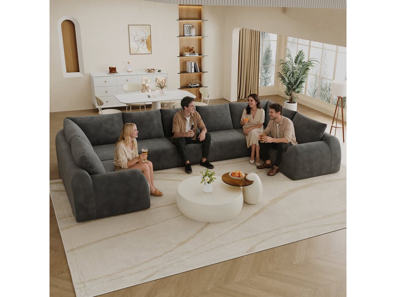  Canapé d’angle 7 places en forme u, canapé à compression de mousse, sans montage, chenille, gris foncé, 411x200x85 cm  - Conforama E