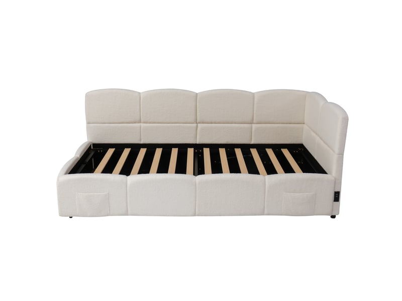  Lit rembourré, lit enfant, lit simple, lit coffre, canapé-lit 90x200 cm, avec sommier à lattes, tissu bouclé, chargeur usb, sac de rangement, lit junior et lit adulteenfant, beige (sans matelas)  - Conforama E