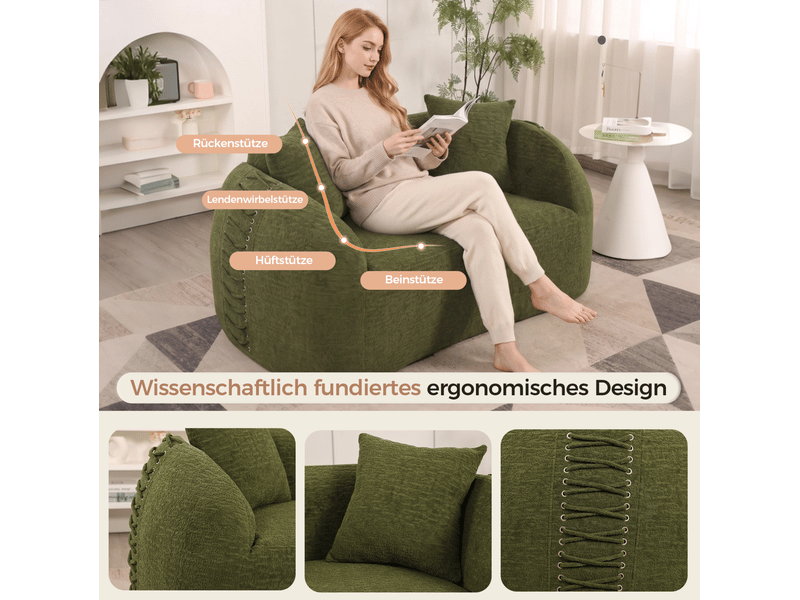  Canapé droit moderne 2 places 155x90x67 cm compressé incurvé, pour salon, contemporain, mousse et tissu chenille, vert  - Conforama D