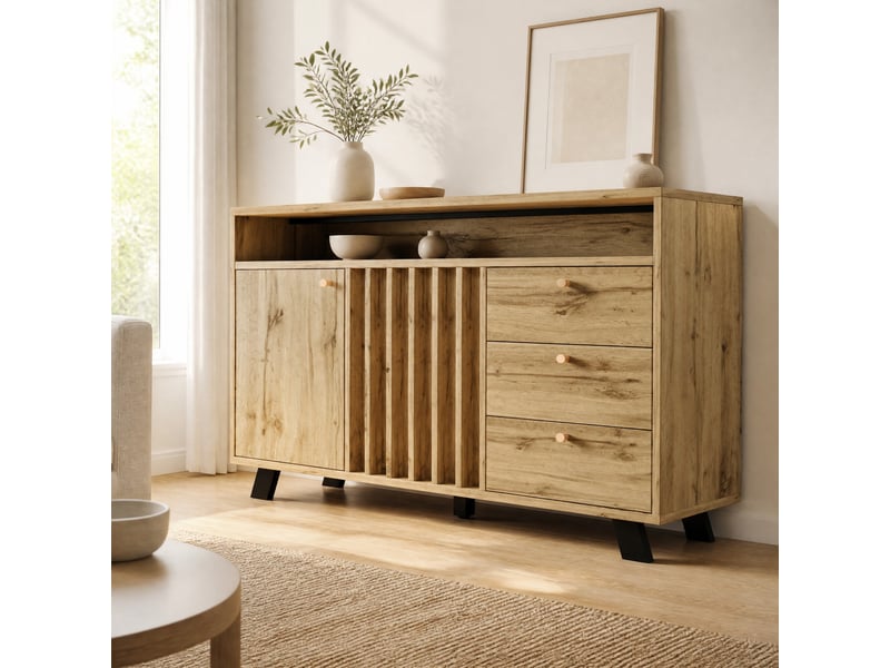  Buffet bas vintage 2 portes et 3 tiroirs chêne foncé 120 x 40 x 85 cm  - Conforama C