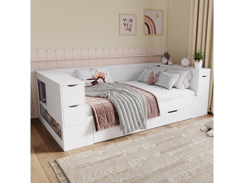  Lit enfant multi 140x190cm, pour chambre, lit 2 place tiroirs, espace de rangement, sommier, en mdf coloris blanc, sans matelas  - Conforama D