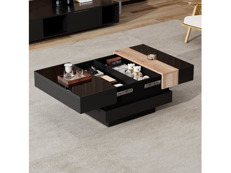  Table basse carrée 70x70x39 cm noire avec plateau coulissant et rangement  - Conforama D