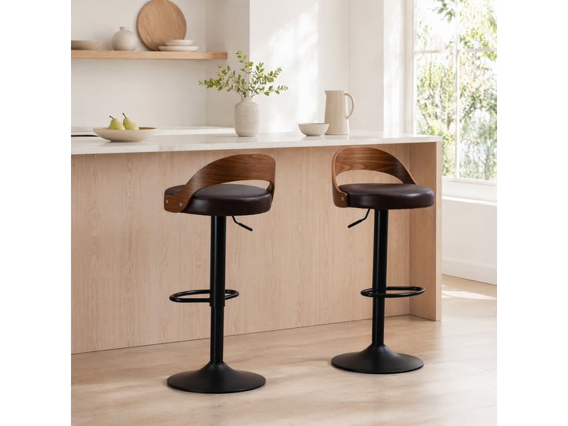  Tabouret de bar pivotant 360° avec hauteur réglable, dossier ergonomique et repose-pieds, en pu marron  - Conforama B