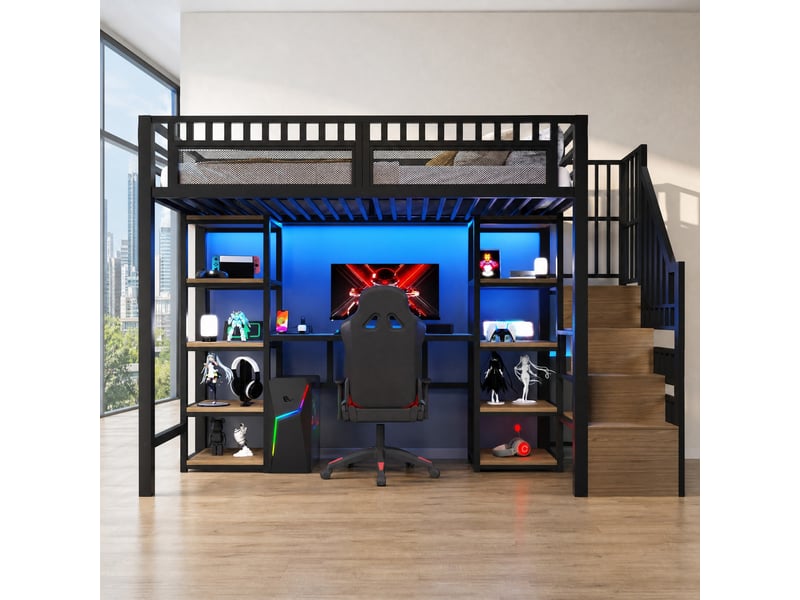  Lit mezzanine 90x200 cm avec bureau, éclairage led, en métal et mdf noir  - Conforama D